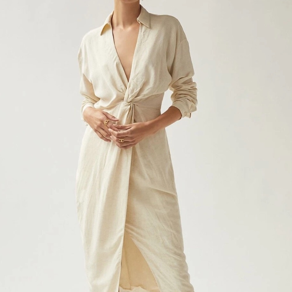 Anthropologie Cream Long Sleeve Twist Front Midi Dress